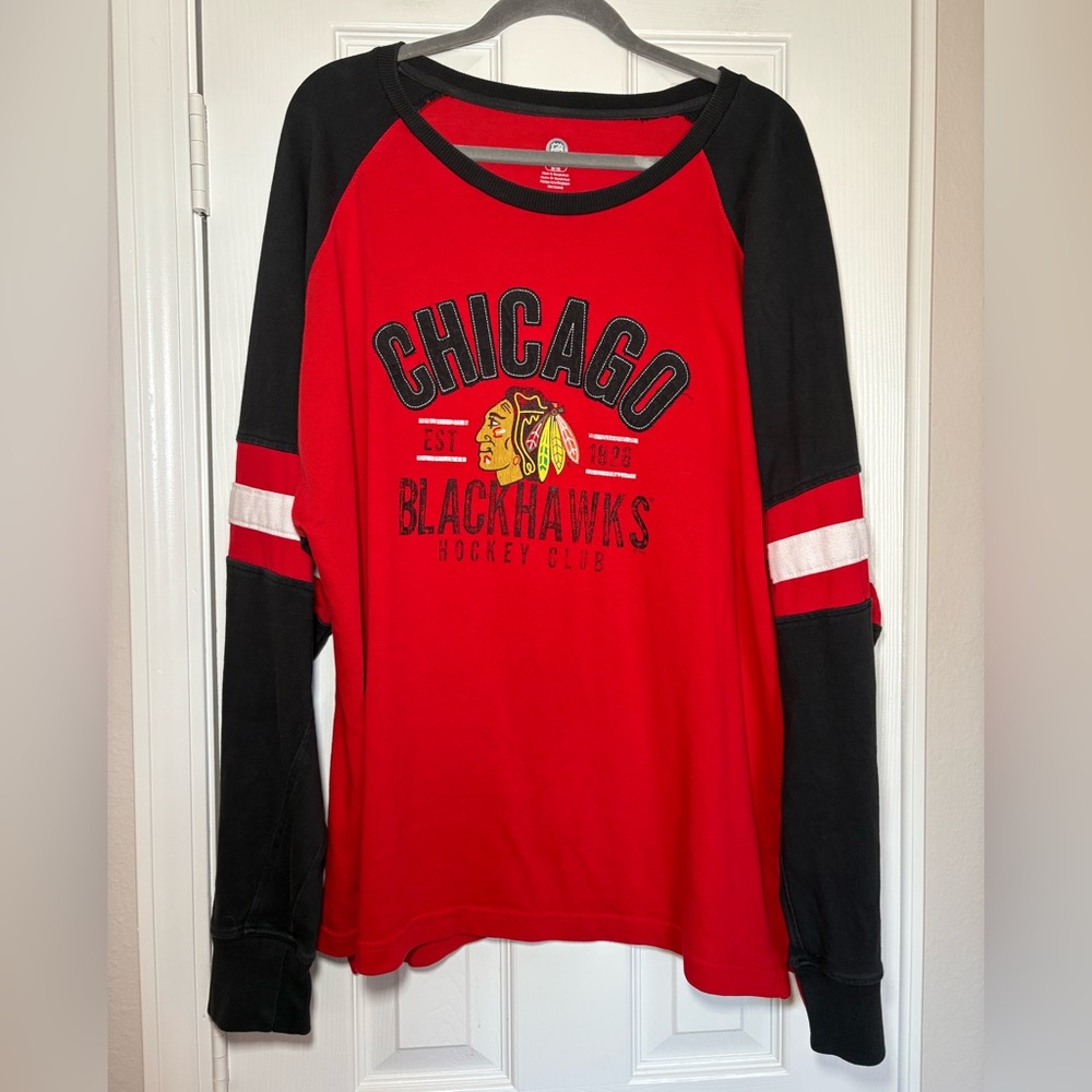 Chicago Blackhawks Varsity Stripe Raglan‎ Long Sleeve Tee 2XL Thick Cotton